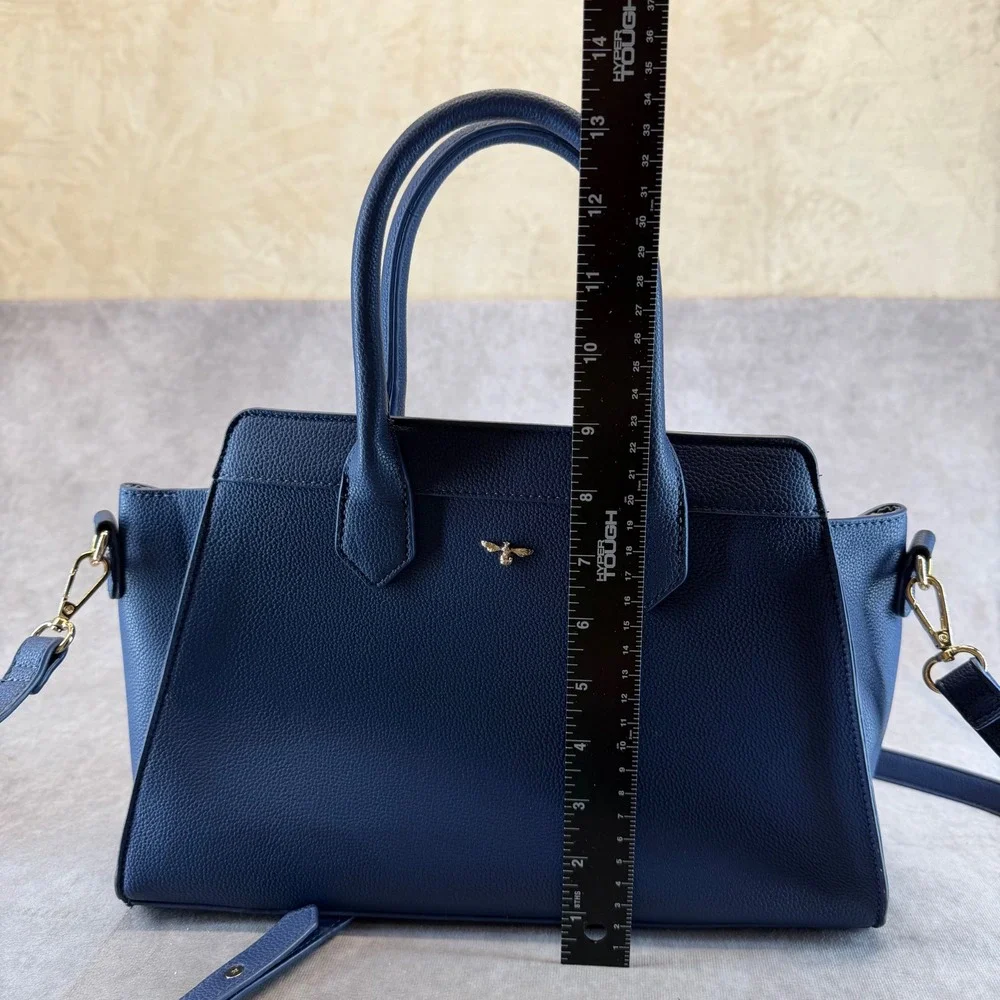 Fable England Satchel Handbag Women Medium Navy Blue Bee Charm Vegan Leather